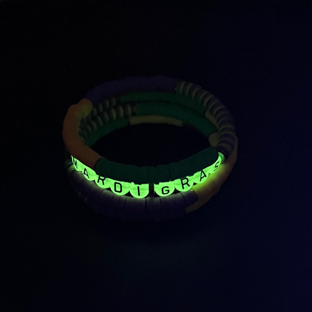 Hand Crafted Glow in the Dark Mardi Gras Beaded Bracelet